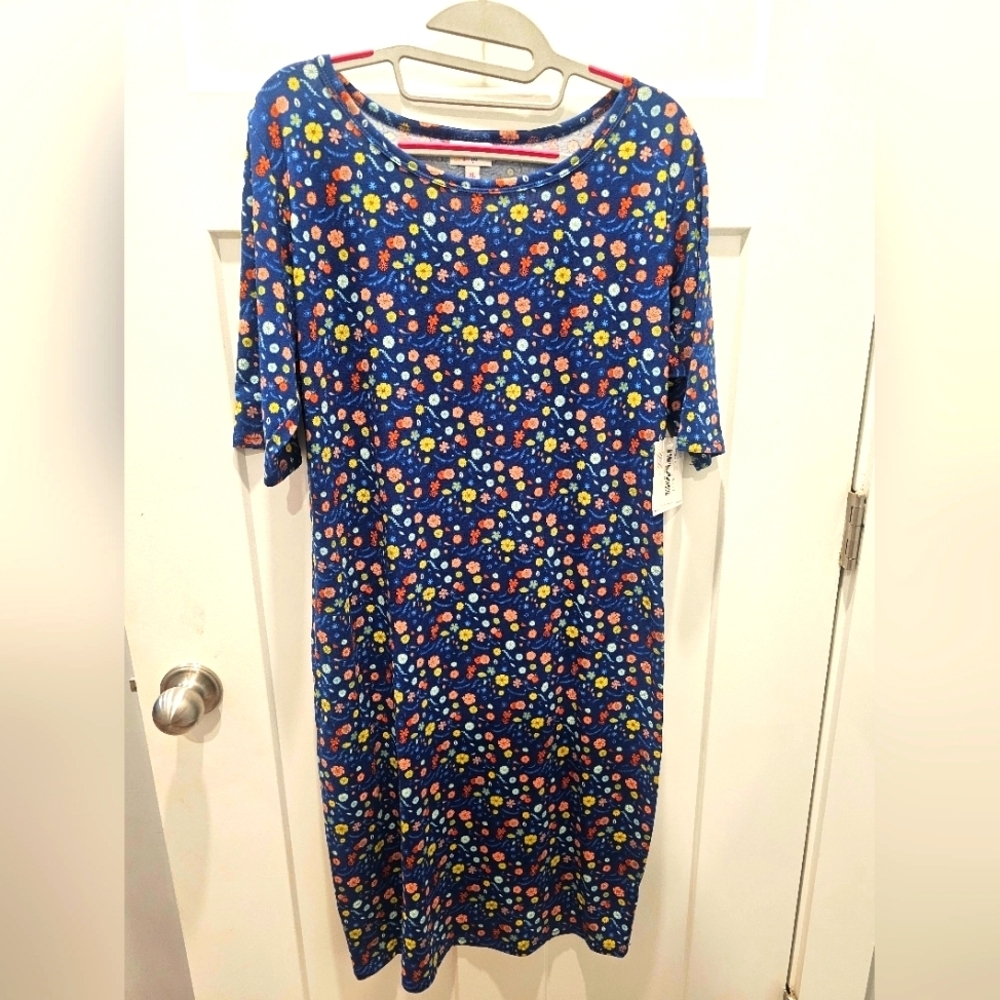 NWT LuLaRoe Julia Dress XL Blue Floral Half Sleeve Stretch Knit